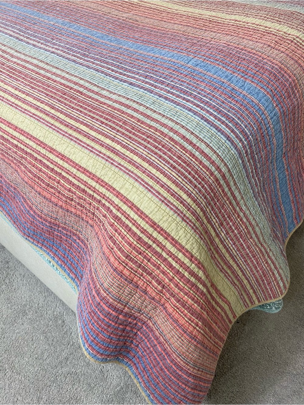 Striped Cotton Quilt in Pink, Blue & Cream - Lightweight Bedcover Queen Cotton